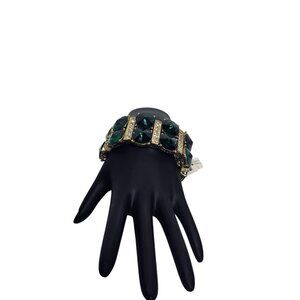 Gold Tone Clear Rhinestone And Emerald Green Rivoli Stretch Bracelet (6244)